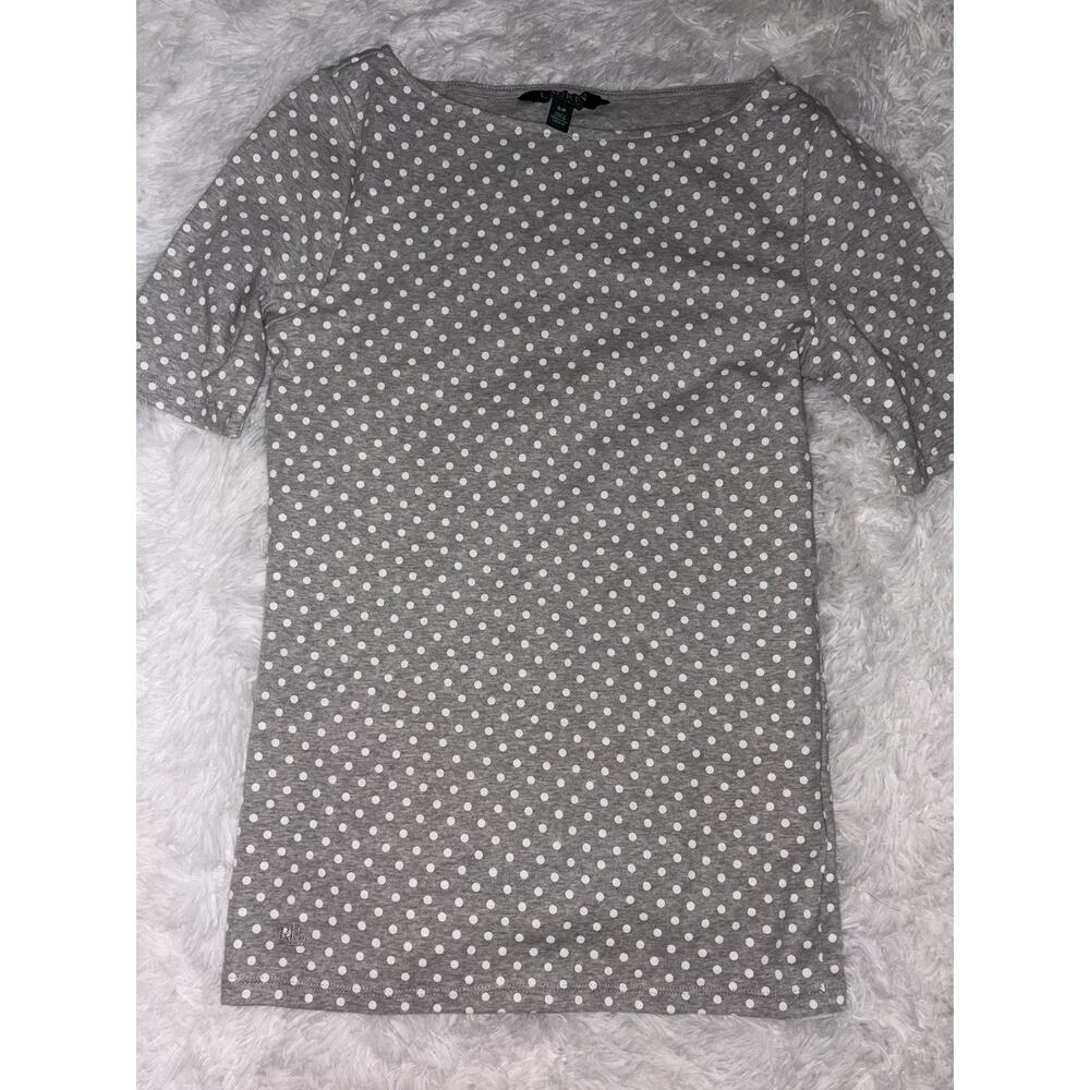 Lauren Ralph Lauren Women’s S Gray Polka Dot Boat Neck Tee. Exc. Condition